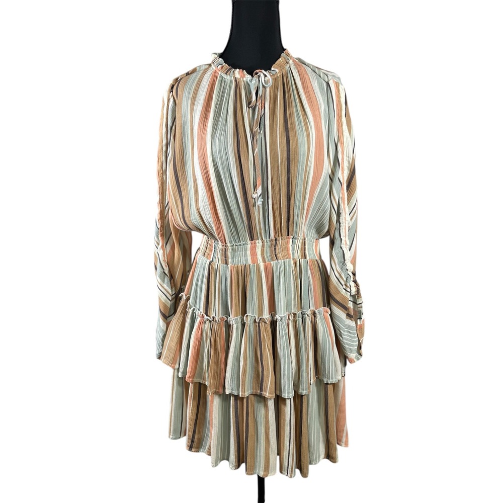 Moon Orchid Women M Striped Tiered Ruffle Dress Viscose Long Sleeve Tie Neck M